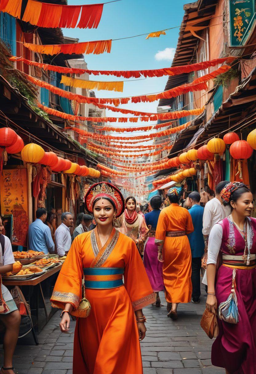 A vibrant collage blending elements of global cultures, depicting lively street festivals, traditional attire, and modern entertainment scenes. Include diverse people engaging in conversations, enjoying food, and participating in art, surrounded by iconic landmarks. The background should feature a seamless transition from colorful cultural symbols to contemporary city life. super-realistic. vibrant colors. dynamic composition.