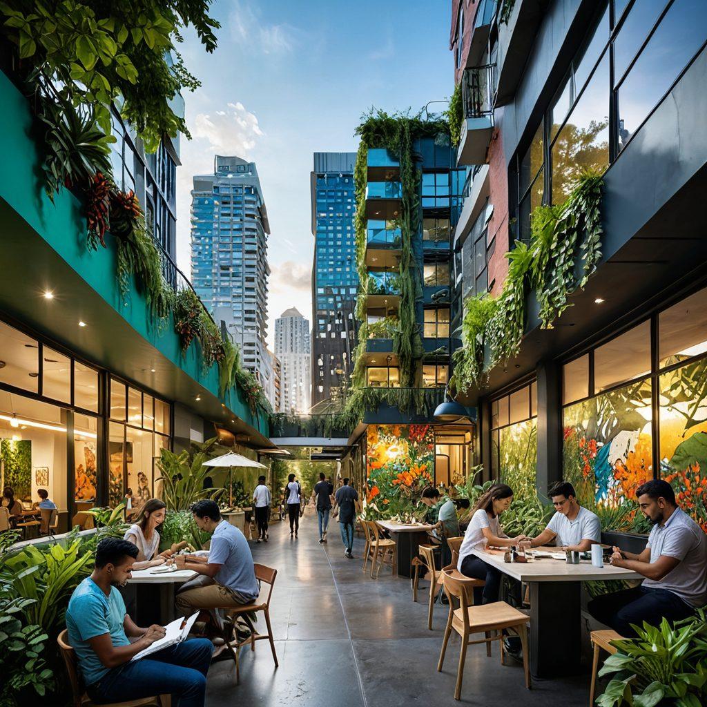 A vibrant cityscape depicting diverse individuals engaged in creative activities such as painting, writing, and brainstorming in a dynamic urban environment. Include elements like modern architecture, greenery, and artistic murals, symbolizing creativity and collaboration. The scene should radiate energy and inspiration, showcasing a blend of technology and nature. super-realistic. vibrant colors. airy and bright atmosphere.