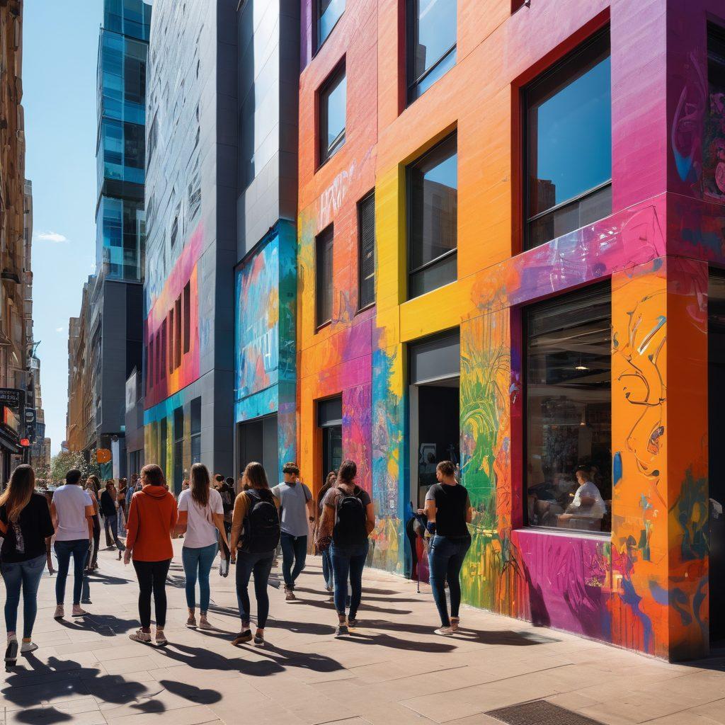 A bustling urban scene showcasing diverse individuals engaged in various social activities, set against the backdrop of modern architecture and technology. Include elements like street art, digital devices, and interactions that reflect contemporary social trends. The image should convey a vibrant community spirit and creativity. Use bright colors to enhance the liveliness of the environment. super-realistic. vibrant colors. dynamic composition.